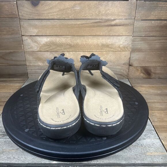 Clarks Women's Size 8 Laurieann Gema Black Leather Open Toe Floral Sandals - Picture 4 of 10